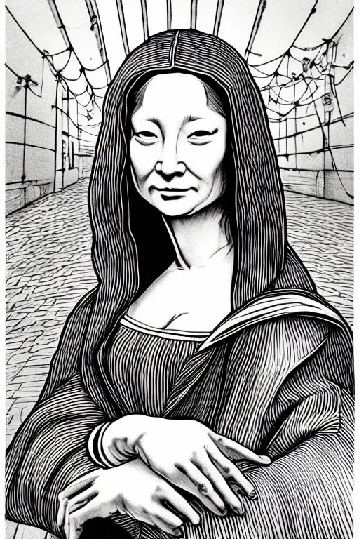 Image similar to beautiful portrait of a woman, negative no not mona lisa pose, highly detailed ink illustration of a dark alley of taipei, b & w clean shaped illustration by kim jung gi, ric estrada, ron english and eiichiro oda