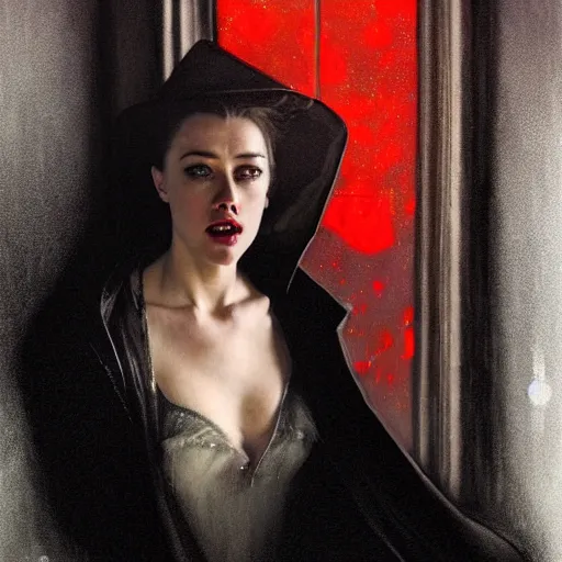 Image similar to hyperrealistic portrait of a woman as amber heard as a vampire witch in a black coat as a reflection in a window. by jeremy mann and alphonse mucha, tears, falling red petals, fantasy art, photo realistic, dynamic lighting, artstation, poster, volumetric lighting, very detailed faces, 4 k, award winning