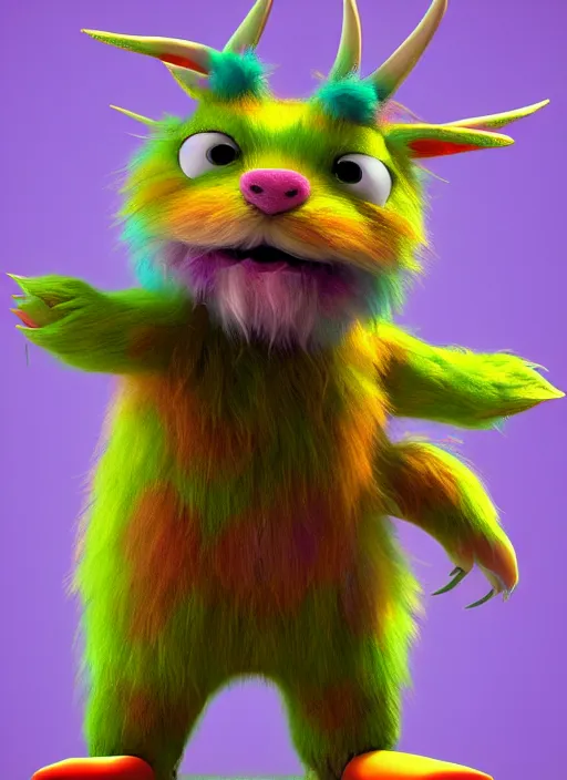 Prompt: full body 3 d model of a vibrant rainbow colored adorable petulant furry monster with fuzzy horns by wendy froud and jim henson, centered, character concept, concept art, long dark rainbow colored fur, zbrush, furry art, rendered in maya, colorful, cinema 4 d, behance hd, daz 3 d, cgsociety, matte background