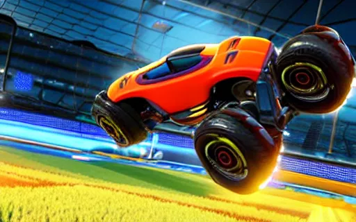 Image similar to rocket league, car soccer, boom, goal, demo, explosion, action shot, lens flares, rim light, raytracing, glow, haze, hyper - realistic, micro details, octane render, unreal engine, cinematic shot