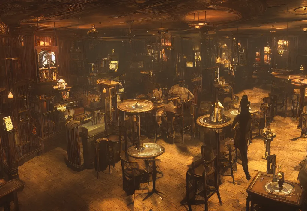 Image similar to In the world of rapture from the world of bioshock you are in a bar, there is a window that lets you see the whole city underwater and you are drinking a rum and coke, there are masks on the tables, there is a band playing in the corner