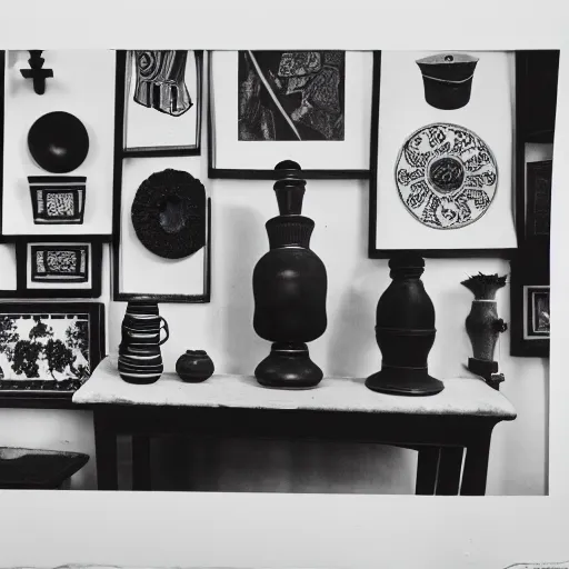 Image similar to a black and white screen print photography of a arrangement of colonial objects, 6 0 s ( ( ( ( ( anthropology ) ) ) ) ) colonial, meta exotic artifacts