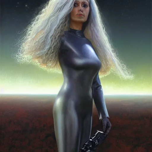 Prompt: pleiadian woman with big eyes and long silver hair wearing a dark body suit and holding a plasma gun as a realistic sci fi character, portrait art by donato giancola and greg rutkowski, digital art, trending on artstation, standing in a barren field