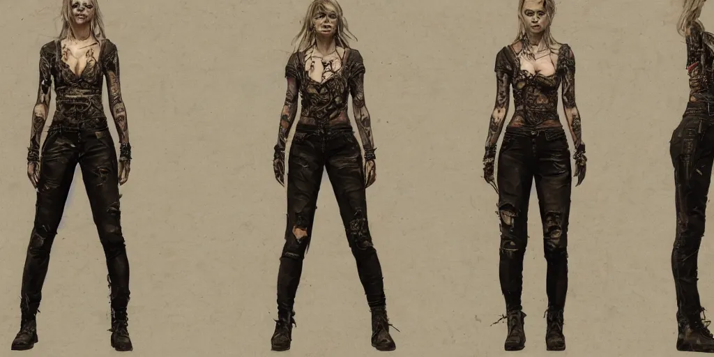 Prompt: samara weaving as a wanderer with tattooed neck, wearing a scratched leather and ripped leather jeans, wearing an aviator outfit with a colorful stamp on its back, character sheet, fine details, props, concept design, contrast, kim jung gi, greg rutkowski, trending on artstation, 8 k, full body, turnaround, front, back, ultra wide angle