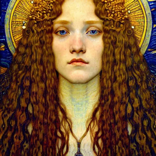 Image similar to detailed realistic beautiful young medieval queen face portrait by jean delville, gustav klimt and vincent van gogh, art nouveau, symbolist, visionary, gothic, pre - raphaelite