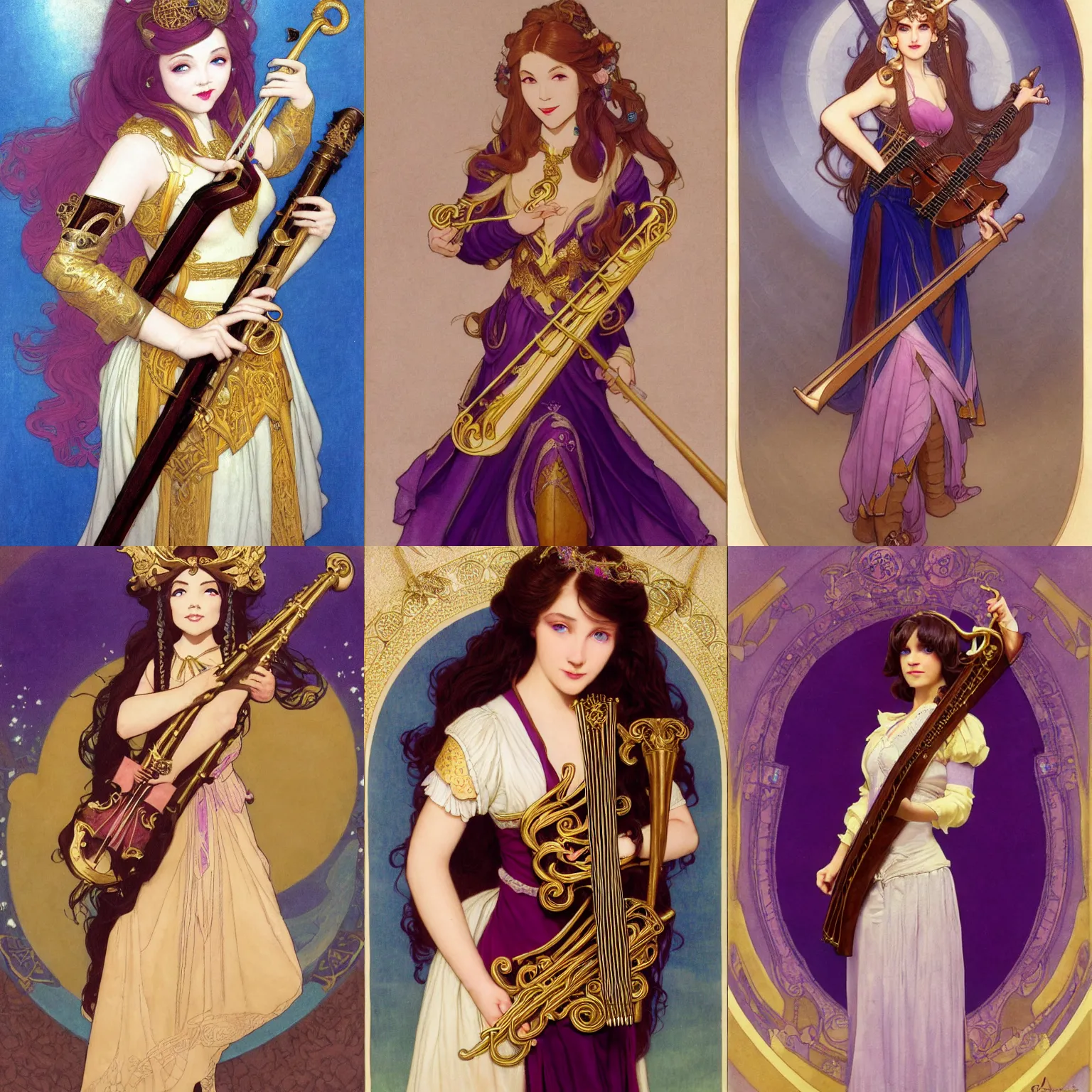 Prompt: Full body Portrait of a beautiful young bard lady, playing an onrnamental Golden lyre, light borwn hair, White skin, dark Blue eyes, purple and pink leather garments, leather boots, fingerless gloves, extremely detailed face, high fantasy, magic music, dungeons and dragons, blizzard entertainment, industrial light and magic, pixar, matte painting, mucha, trending on Artstation, artstationHD, artstationHQ, octane, cgsociety, HD, 16K