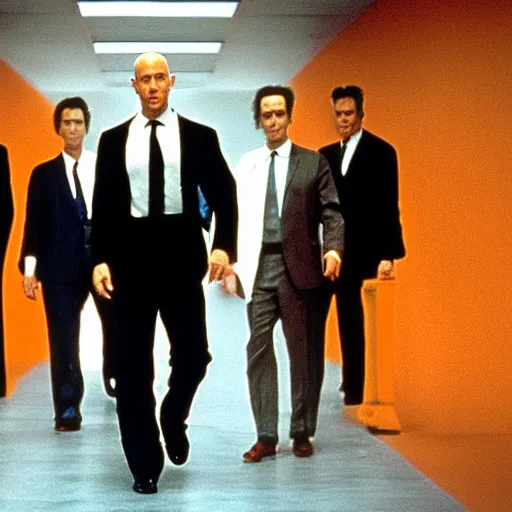 Image similar to jeff bezos as mr orange in reservoir dogs, opening credits, group walking together, 3 5 mm film, high quality film, big screen, cinematic