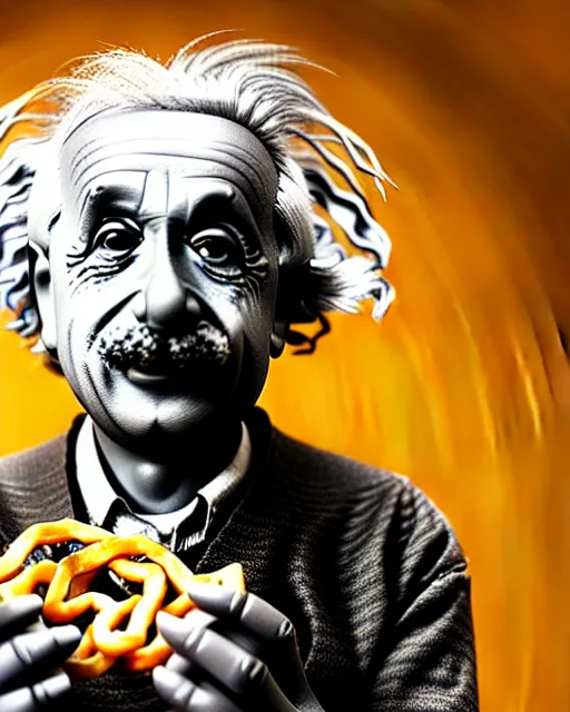 Prompt: A photo of Albert Einstein eating jalebi, highly detailed, trending on artstation, bokeh, 90mm, f/1.4