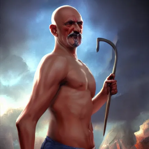 Image similar to gandi hit with hammer a policeman, detailed body, realistic body proportions, unreal engine, by popular digital artist, digital, artstation, detailed body, heavenly atmosphere, digital art, overdetailed art, trending on artstation, cgstudio, the most beautiful image ever created, dramatic, award winning artwork, beautiful scenery