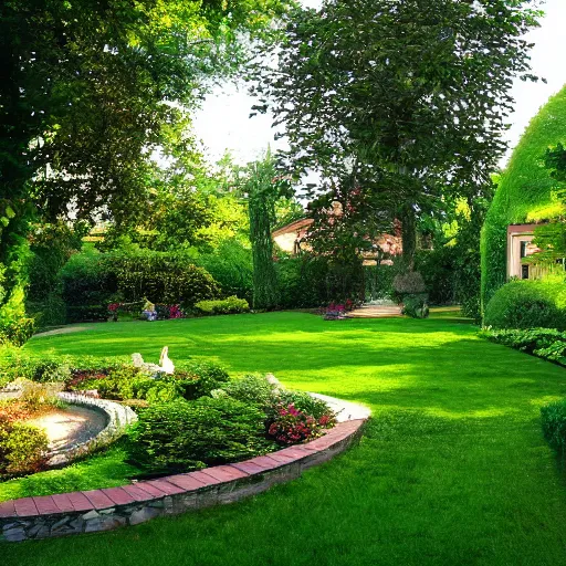 Prompt: serene garden with house in background, high quality, high resolution