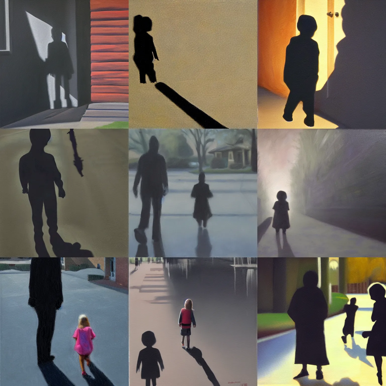 Prompt: a shadowy figure stalking a child, film grain, oil painting, hyper realistic,