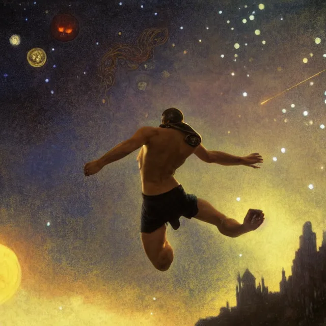 Prompt: an toad! with muscular body jumps to the sky to become one with the stars, wearing yellow sleeveless shirt and black sport shorts, cosmos, moon, by mucha and caspar david friedrich, atmospheric lighting, intricate detail, cgsociety, hyperrealistic, octane render, rpg portrait, ambient light, dynamic lighting