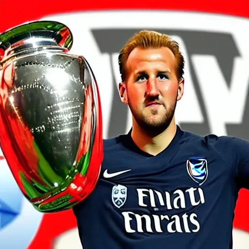 Image similar to harry kane lifting the uefa champions league as an arsenal player, photorealistic, sports photo, dramatic, sharp focus, extreme detail, night