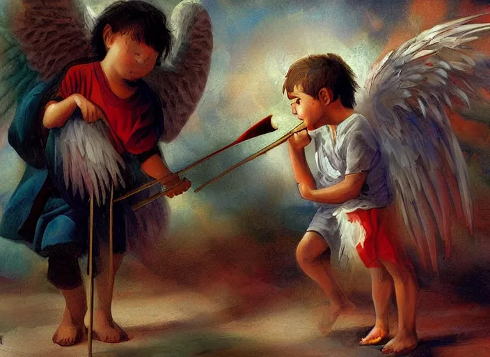 Image similar to angel rescuing little boy from a bad dream with marching drum, highly detailed, sharp focus, digital painting