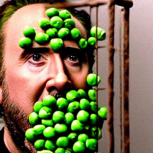 Prompt: nicolas cage trapped in a wicker cage upset with a mouth full of peas