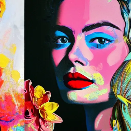 Prompt: detailed oil painting of margot robbie in detail with flowers by james jean, by andy warhol, by frida kahlo