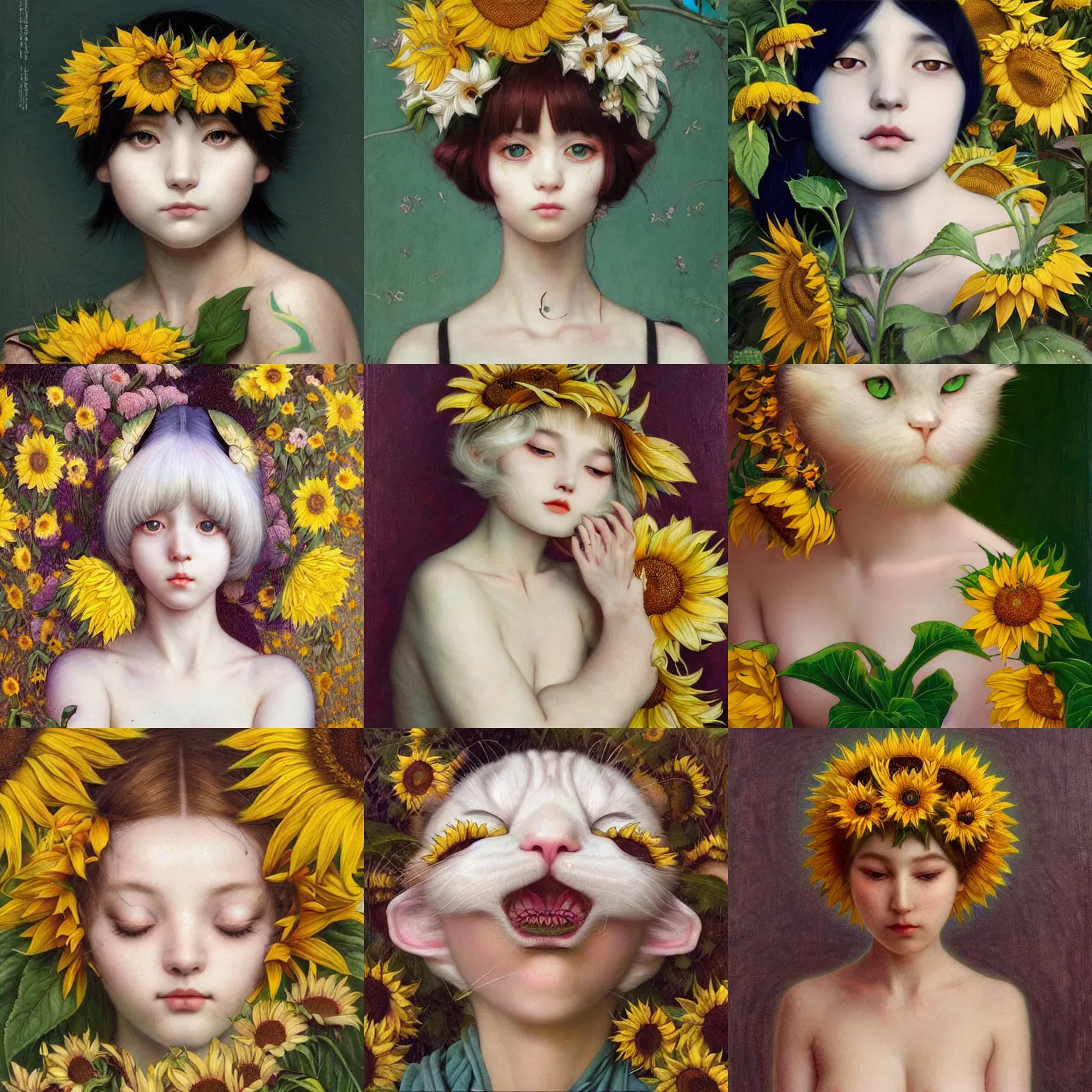 Image similar to white cat girl, botanical, sunflower, portrait face, colorful, frantisek kupka, intricate, miles johnston, kuroda seiki, cynical realism, ozabu, john william godward, painterly, yoshitaka amano, moebius, miles johnston, louise zhang, james jean, mark ryden lowbrow pop surrealism art style