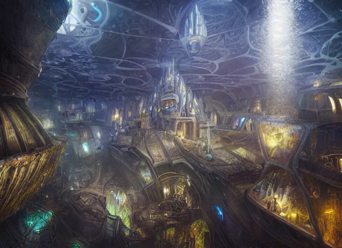 Prompt: favela spaceship cathedral, underwater environment, sorcery, scenery, professional, award - winning, trending on artstation, hyper detailed, realistic, beautiful, emotional, shiny, romantic, picture