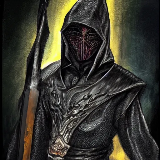 Image similar to a realistic full body of Konnor, a dragonblood, a black hood with black robes, holding a sword, extremely realistic and detailed,