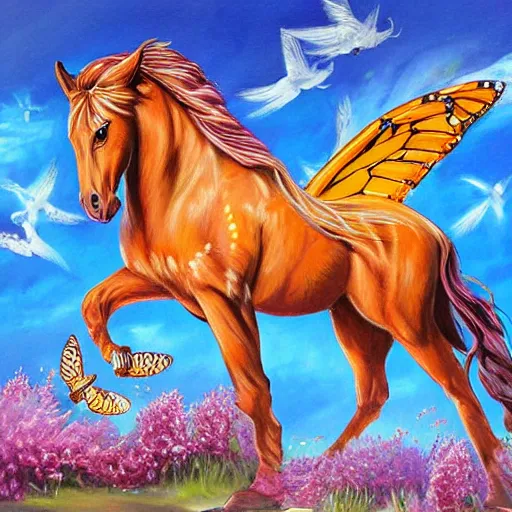 Prompt: pegasus horse with monarch butterfly wings detailed photo realistic magical realism painting in the style of Jacqueline Wall