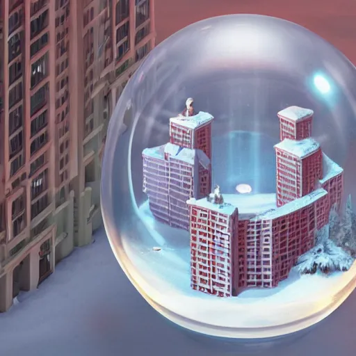 Image similar to a snow globe with a soviet apartment building in it, rending on cgsociety, retrofuturism, tesseract, isometric, physically based rendering, 1 9 9 0's