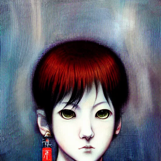 Image similar to yoshitaka amano blurred and dreamy realistic three quarter angle horror portrait of a sinister young woman with short hair, big earrings and red eyes wearing office suit with tie, junji ito abstract patterns in the background, satoshi kon anime, noisy film grain effect, highly detailed, renaissance oil painting, weird portrait angle, blurred lost edges