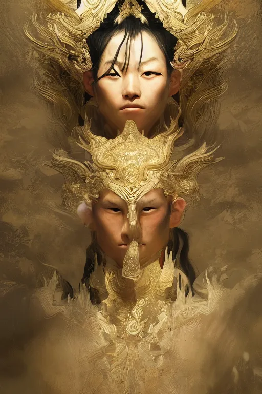 Image similar to Japanese god, portrait, powerfull, intricate, elegant, volumetric lighting, scenery, digital painting, highly detailed, artstation, sharp focus, illustration, concept art, ruan jia, steve mccurry