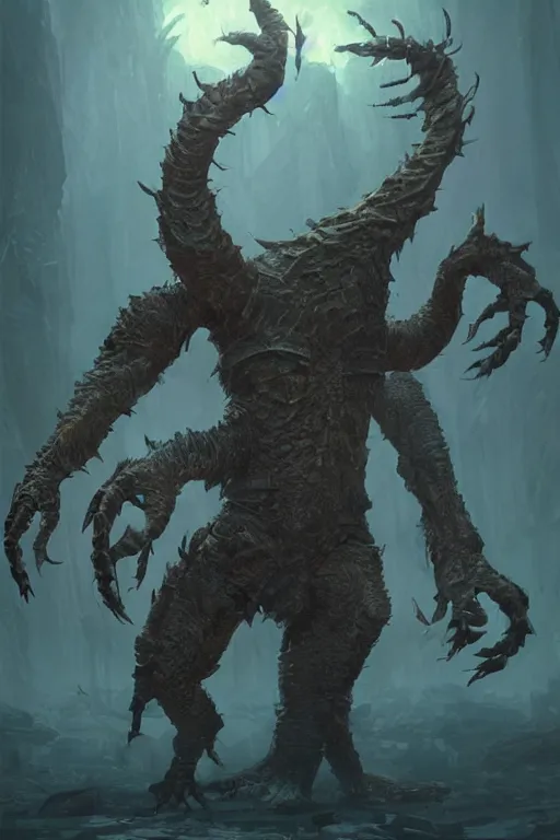 Image similar to a monster with many arms, hand instead of a face, fantasy boss battle, character art by Greg Rutkowski