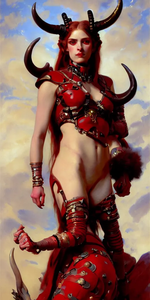 Image similar to painted close - up portrait of a attractive red - skinned intimidating demon cyborg girl with ram horns! oil painting, wearing a noblewoman's outfit, fantasy art by john singer sargent and gaston bussiere and james jean and greg rutkowski, demon noble character design, hd