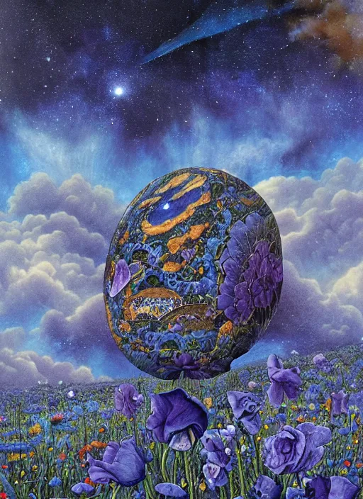 Image similar to detailed, intricate blue black and purple papaverum flower on the field, nebula, galaxy in the sky, winning award masterpiece, fantastically beautiful, illustration, aestheticly inspired, jacek yerka, upscale with anguissola sofonisba work, artstation, 8 k