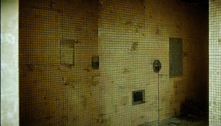 Image similar to 60s movie still of a sovietic stalinist style empty prison shower with yellow tiles and a bloody corpse, cinestill 800t 50mm eastmancolor, liminal Space style, heavy grain-s 150