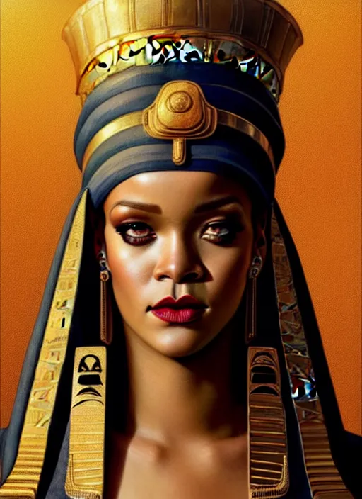 Prompt: portrait of rihanna as pharaoh, ancient egypt, hat, colt, intricate, headshot, highly detailed, digital painting, artstation, concept art, sharp focus, cinematic lighting, illustration, art by artgerm and greg rutkowski, alphonse mucha, cgsociety