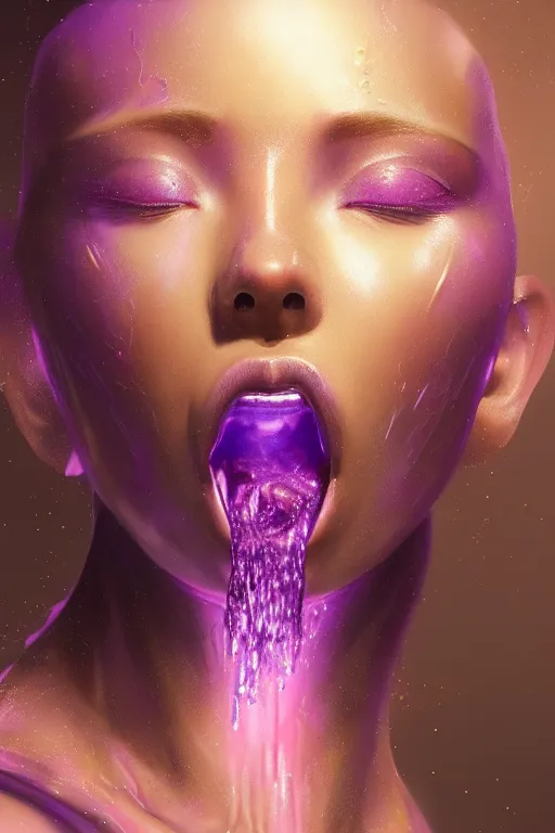 Image similar to attractive female i robot sticking tongue out sensually and sweating, close - up portrait, intricate, elegant, purple volumetric lighting, scenery, digital painting, highly detailed, artstation, sharp focus, illustration, concept art, luis rollo, ruan jia, steve mccurry, john berkey