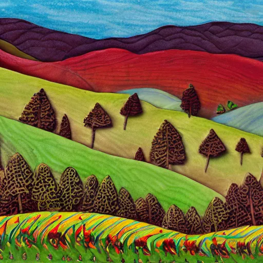 Image similar to rolling hills, appalachian folk art, mixed media, 3 d, detailed, award winning