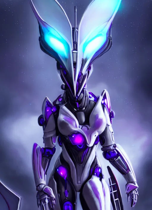 Image similar to cinematic front shot, cosmic sized proportional stunning beautiful hot female warframe, detailed sleek robot mecha female dragon head, metal ears, sleek purple eyes, sleek silver armor, smooth, nebula sized, holding a planet, epic proportions, epic size, epic scale, furry art, dragon art, giantess art, warframe fanart, furaffinity, deviantart