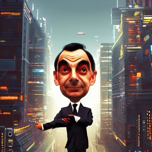 Image similar to mr bean, head and shoulder shot, cyberpunk city, city background, 4k, beautiful face, trending on artstation, digital art