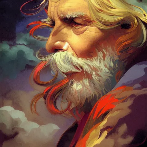 Image similar to swirling clouds in a stormy sky forming the shape of the face of a wise but stern old man. Colorful, reds, yellows, blues. Beautiful, dreamy digital art by Artgerm and Greg Rutkowski and Alphonse Mucha