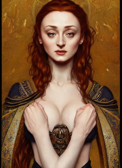 Prompt: sansa stark as black nefertiti, barechest, intricate, elegant, highly detailed, digital painting, artstation, concept art, smooth, sharp focus, illustration, art by rutkowski, aleksi briclot, mucha, orientalism, bouguereau