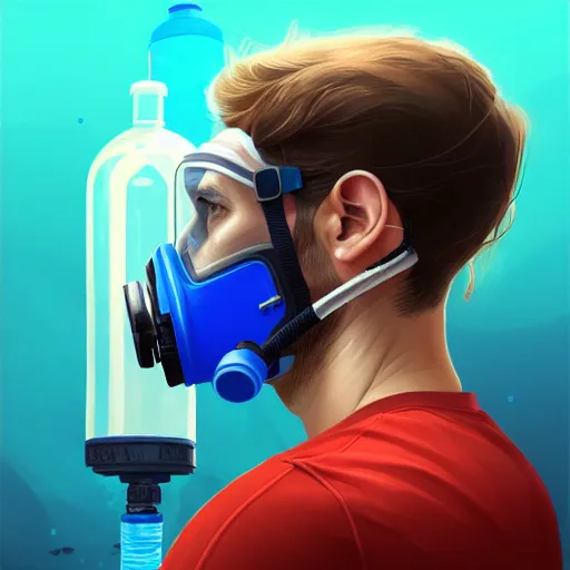 Image similar to a profile photo of a man with oxygen cylinder and mask, side profile in underwater, highly detailed, digital painting, artstation, concept art, smooth, sharp focus, illustration by Sandra Chevrier