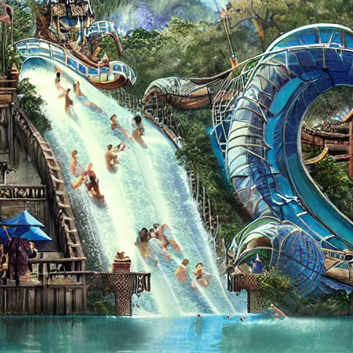 Prompt: wulingyuan waterpark china carved waterslides painting by brain froud, charles vess, cinematic lighting, epic composition, highly detailed