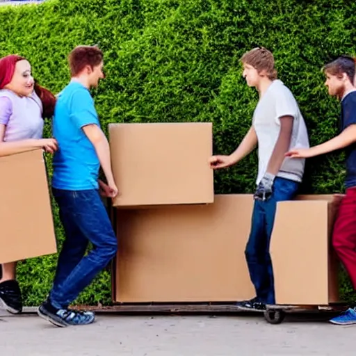Prompt: 5 young disabled people with downsyndrome moving, they carry cardboard boxes