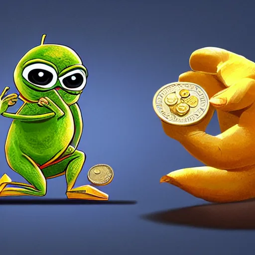 Image similar to super rich happy pepe, coins, gold, crystals, greg rutkowski