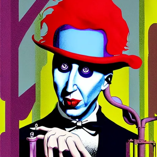 Prompt: graphic illustration, creative design, willy wonka with marilyn manson, biopunk, francis bacon, highly detailed, hunter s thompson, concept art