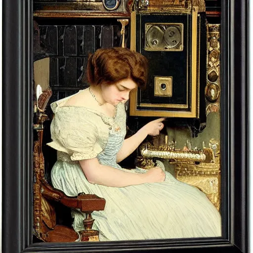 Prompt: victorian lady tinkering with clock parts by alfred stevens