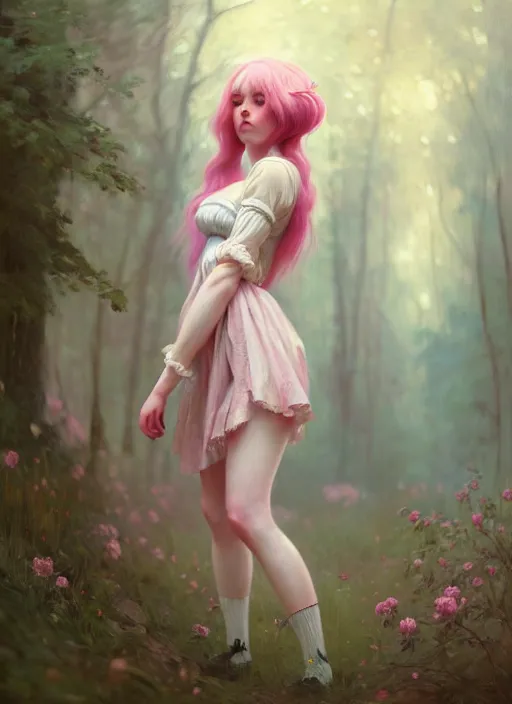 Image similar to whimsical young woman, beautiful girl, full body, pink hair, in a forest, realistic, serov, surikov, vasnetsov, repin, kramskoi, insanely detailed, charlie bowater, tom bagshaw, high resolution, octane rendered, unreal engine, illustration, trending on artstation, masterpiece, 8 k