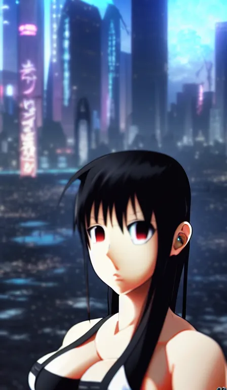 Image similar to anime fine details portrait of Tifa Lockhart in front of cyberpunk moder city landscape on the background deep bokeh, close-up view, anime masterpiece by Studio Ghibli. 8k, sharp high quality anime, artstation