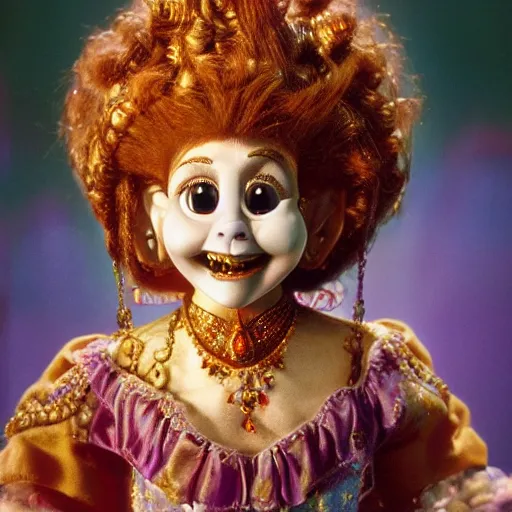 Image similar to princess mombi from return to oz with her head held up high in her hands with a wicked grin on her decapitated face 4 k photorealism