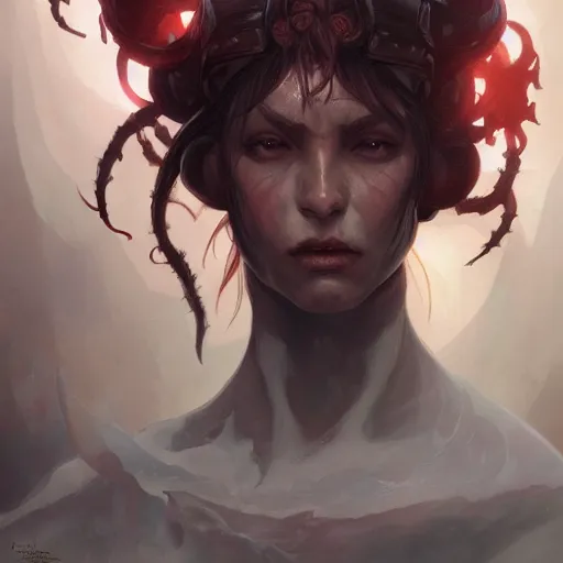 Image similar to portrait of an abyssal demon, D&D, fantasy, highly detailed, digital painting, artstation, smooth, sharp focus, illustration, art by artgerm and greg rutkowski and alphonse mucha