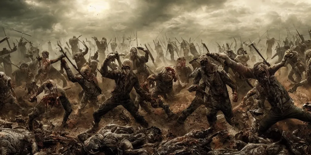 Prompt: epic battle scene of zombies, post-apocalyptic, post-human, Epic Background, highly detailed, sharp focus, 8k, 35mm, cinematic lighting
