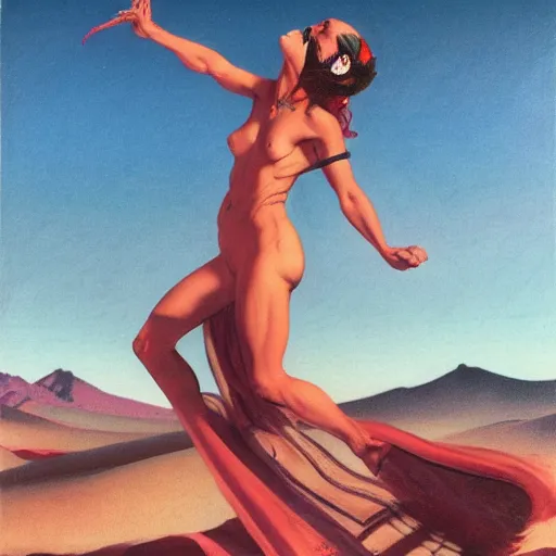 Image similar to Silk sheet desert ecstasy Bedouin under crimson azure diamond sky, in the style of Frank Frazetta, Jeff Easley, Caravaggio, extremely clear and coherent, clear lines, 8K revolution